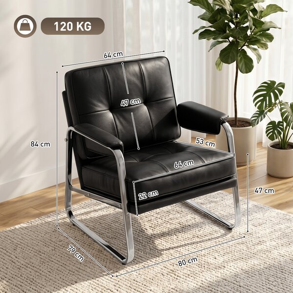 HOMCOM Poltrona con Seduta Ampia, Schiuma ad Alta Densità e Imbottitura Spessa, Sedia in pelle PU, 80x79x84 cm, Nero | Aosom Italy