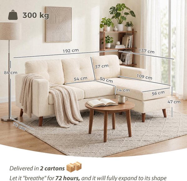 HOMCOM Divano 3 Posti Angolare a forma a L, Chaise Longue Reversibile E Effetto Velluto a Coste, 192x137x84 cm, Bianco e Crema | Aosom Italy