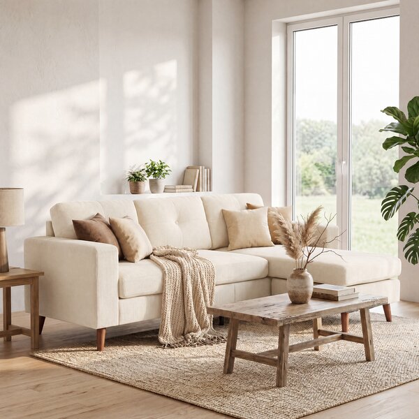 HOMCOM Divano 3 Posti Angolare a forma a L, Chaise Longue Reversibile E Effetto Velluto a Coste, 192x137x84 cm, Bianco e Crema | Aosom Italy