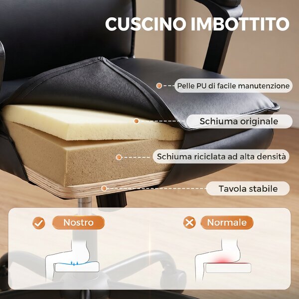 HOMCOM Sedia Ufficio Girevole in Pelle PU, Funzione Dondolo, Schienale Alto, Altezza Regolabile, Capacità 120kg, Nero | Aosom Italy