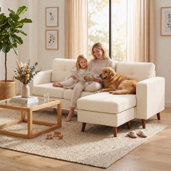 HOMCOM Divano 3 Posti Angolare a forma a L, Chaise Longue Reversibile E Effetto Velluto a Coste, 192x137x84 cm, Bianco e Crema | Aosom Italy