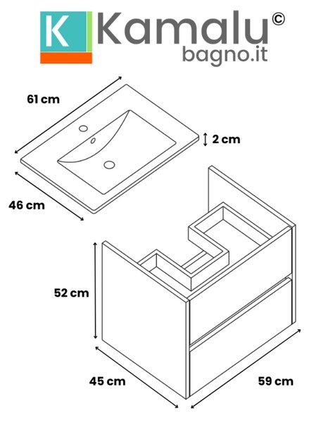 Composizione bagno sospesa 60 cm effetto marmo cemento | LAC-AMFI-60 - KAMALU