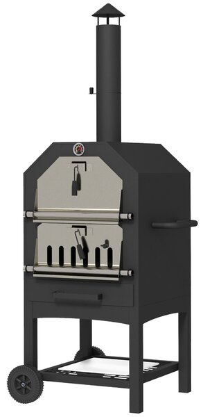 Outsunny Forno per Pizza 2-in-1 da Esterno con Pietra per Pizza, Cassetto per la Cenere, 2 Griglie e Termometro, 66x45x158 cm, Nero | Aosom Italy