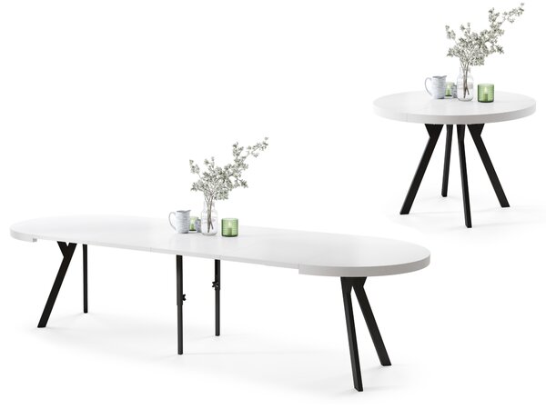 EXPANSO Bianco Opaco/gambe nere – TAVOLO ROTONDO GRANDE Ø110 ALLUNGABILE FINO A 310 cm CON GAMBE A Y STILE LOFT/INDUSTRIALE