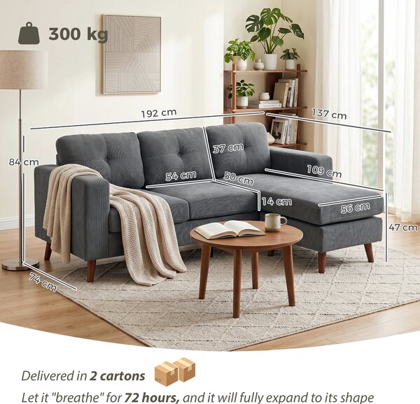 HOMCOM Divano Angolare 3 posti a forma di L con Chaise Longue Reversibile e Effetto Velluto a Coste, 192x137x84 cm, Grigio scuro | Aosom Italy