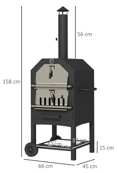 Outsunny Forno per Pizza 2-in-1 da Esterno con Pietra per Pizza, Cassetto per la Cenere, 2 Griglie e Termometro, 66x45x158 cm, Nero | Aosom Italy