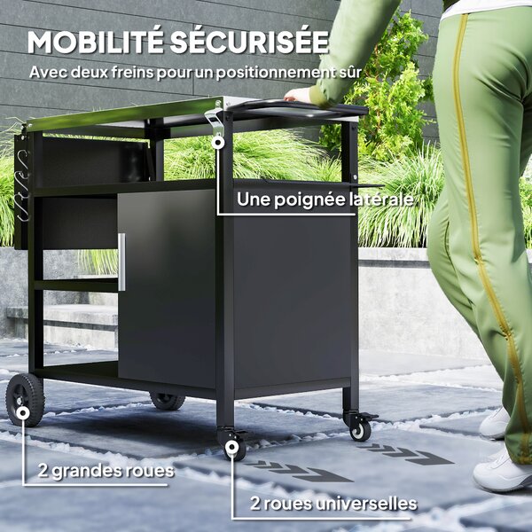 Outsunny Carrello per Barbecue con Piano Pieghevole e Ganci in acciaio inossidabile da Giardino, 127x51x84 cm, Nero | Aosom Italy