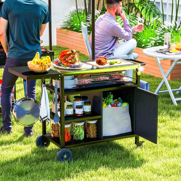 Outsunny Carrello per Barbecue con Piano Pieghevole e Ganci in acciaio inossidabile da Giardino, 127x51x84 cm, Nero | Aosom Italy