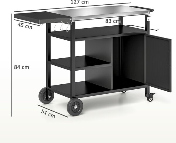 Outsunny Carrello per Barbecue con Piano Pieghevole e Ganci in acciaio inossidabile da Giardino, 127x51x84 cm, Nero | Aosom Italy
