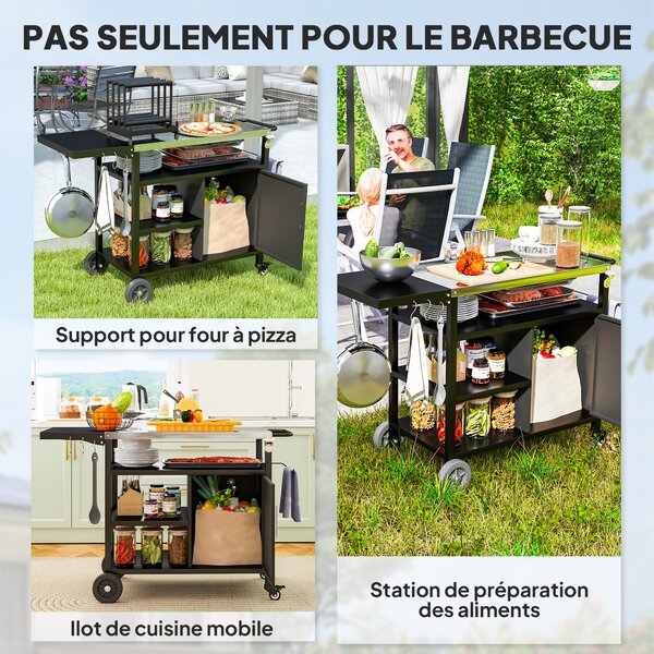 Outsunny Carrello per Barbecue con Piano Pieghevole e Ganci in acciaio inossidabile da Giardino, 127x51x84 cm, Nero | Aosom Italy
