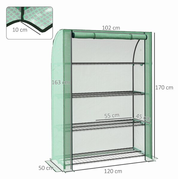 Outsunny Mini Serra a 4 livelli da Giardino con telo PE rinforzato, Porta Avvolgibile e Ripiani, 120x50x170 cm, Verde | Aosom Italy