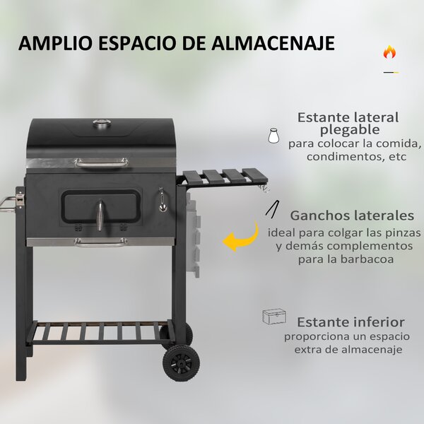 Outsunny Barbecue a Carbone con Ruote, Coperchio Griglie in acciaio inossidabile e Termometro, 113x65x108 cm, Nero | Aosom Italy