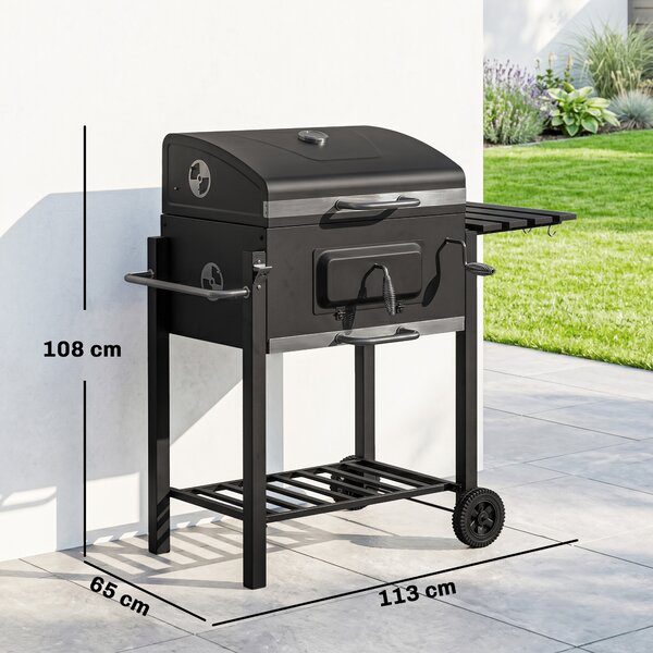 Outsunny Barbecue a Carbone con Ruote, Coperchio Griglie in acciaio inossidabile e Termometro, 113x65x108 cm, Nero | Aosom Italy