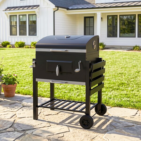 Outsunny Barbecue a Carbone con Ruote, Coperchio Griglie in acciaio inossidabile e Termometro, 113x65x108 cm, Nero | Aosom Italy
