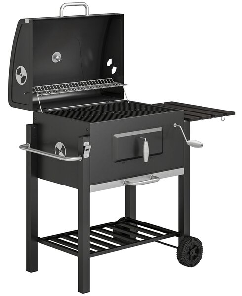 Outsunny Barbecue a Carbone con Ruote, Coperchio Griglie in acciaio inossidabile e Termometro, 113x65x108 cm, Nero | Aosom Italy