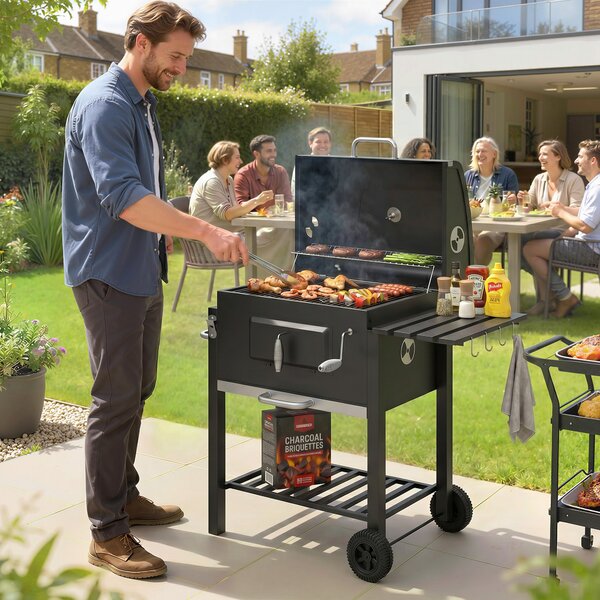 Outsunny Barbecue a Carbone con Ruote, Coperchio Griglie in acciaio inossidabile e Termometro, 113x65x108 cm, Nero | Aosom Italy