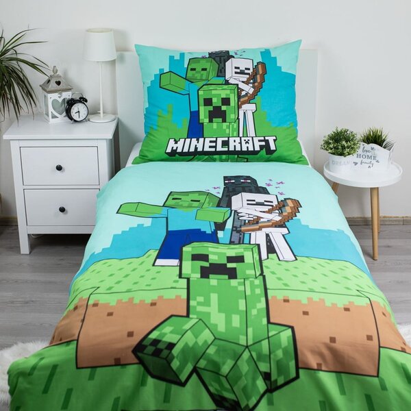 Set copripiumino e federa da bambini verde/blu in cotone per letto singolo 140x200 cm Minecraft "Mobs Here" – Jerry Fabrics
