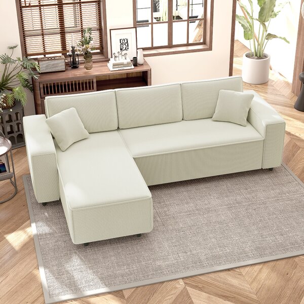 HOMCOM Divano con Penisola a 3 Posti in Tessuto Effetto Velluto, Schiuma e Nylon, 241x153x83 cm, Bianco Crema | Aosom Italy