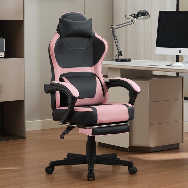 Sedia da gaming ergonomica in stile kawaii, color rosa e nero, con poggiapiedi estraibile e doppio supporto lombare, ideale per l'ufficio domestico e il relax
