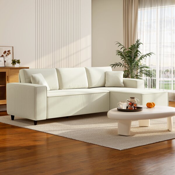 HOMCOM Divano con Penisola a 3 Posti in Tessuto Effetto Velluto, Schiuma e Nylon, 241x153x83 cm, Bianco Crema | Aosom Italy