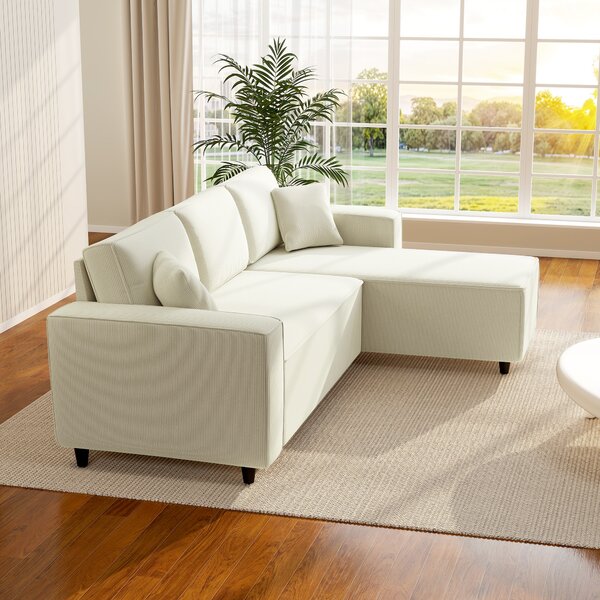 HOMCOM Divano con Penisola a 3 Posti in Tessuto Effetto Velluto, Schiuma e Nylon, 241x153x83 cm, Bianco Crema | Aosom Italy