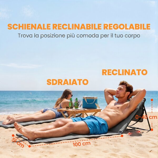 Outsunny Set 2 Sdraio da Spiaggia Pieghevoli e Regolabili con Tasca, in Acciaio e Poliestere, 142x51x40 cm, Grigio | Aosom Italy