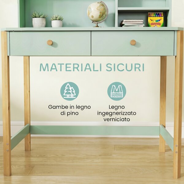 AIYAPLAY Scrivania per Bambini 5-12 Ani con 3 Ripiani e 2 Cassetti, in Legno, 90x52x105 cm, Verde | Aosom Italy