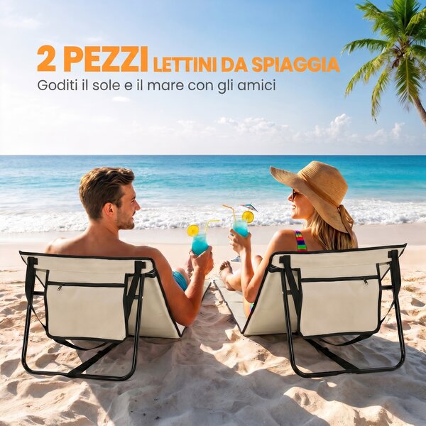 Outsunny Set 2 Sdraio da Spiaggia Pieghevoli e Regolabili con Tasca, in Acciaio e Poliestere, 142x51x40 cm, Beige | Aosom Italy