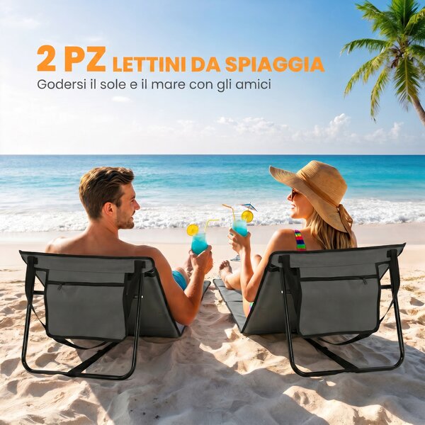 Outsunny Set 2 Sdraio da Spiaggia Pieghevoli e Regolabili con Tasca, in Acciaio e Poliestere, 142x51x40 cm, Grigio | Aosom Italy