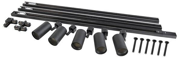 Sistema di illuminazione a binario sospeso moderno con 5 faretti neri monofase - Iconic Jeana