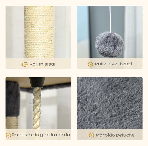 PawHut Tiragraffi per Gatti Alto con Casette e Amache Spazioso 60x60x200cm in Grigio Chiaro per Divertimento e Relax dei Tuoi Felini|Aosom