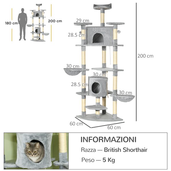 PawHut Tiragraffi per Gatti Alto con Casette e Amache Spazioso 60x60x200cm in Grigio Chiaro per Divertimento e Relax dei Tuoi Felini|Aosom
