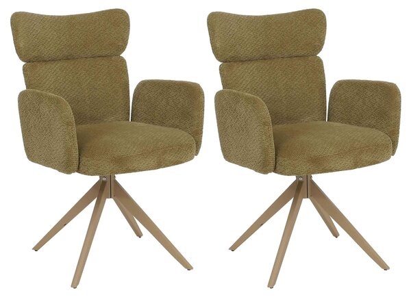 Set di 2 sedie da pranzo HWC-N11, sedia girevole con meccanismo di ritorno automatico, rivestimento in tessuto bouclé da 350 g/m², Öko-Tex, colore verde oliva, gambe effetto legno
