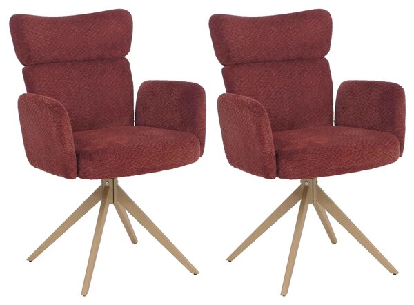 Set di 2 sedie da pranzo HWC-N11, sedia girevole con meccanismo di ritorno automatico, rivestita in tessuto bouclé (350g/m²), Öko-Tex, colore bordeaux, gambe effetto legno