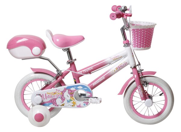 Bicicletta per Bambine Unicorn 12 Pollici con Stabilizzatori Bauletto e Cestino Rosa Rosa