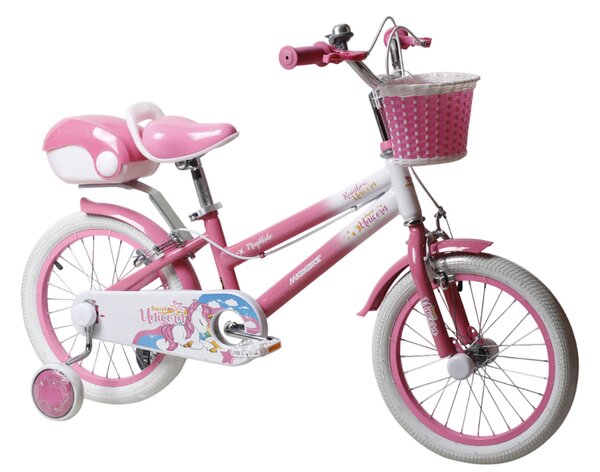 Bicicletta per Bambine Unicorn 14 Pollici con Stabilizzatori Bauletto e Cestino Rosa Rosa