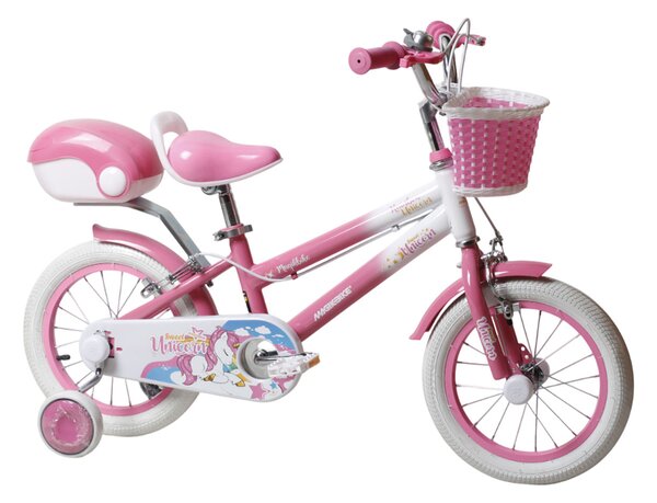 Bicicletta per Bambine Unicorn 16 Pollici con Stabilizzatori Bauletto e Cestino Rosa Rosa