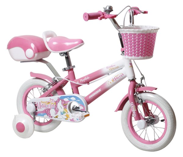 Bicicletta per Bambine Unicorn 12 Pollici con Stabilizzatori Bauletto e Cestino Rosa Rosa