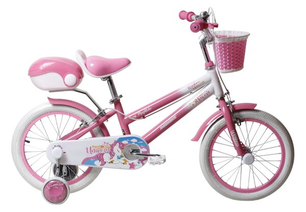 Bicicletta per Bambine Unicorn 14 Pollici con Stabilizzatori Bauletto e Cestino Rosa Rosa