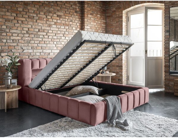 Letto matrimoniale imbottito rosa con contenitore con rete inclusa 180x200 cm Lamica – ELTAP
