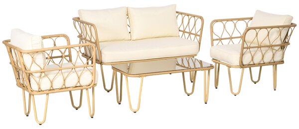 Outsunny Set salotto da giardino divano 2 posti + 2 poltrone + 1 tavolino piano vetro temperato 7 cuscini crema