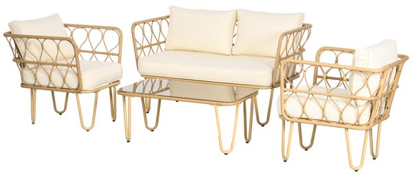 Outsunny Set salotto da giardino divano 2 posti + 2 poltrone + 1 tavolino piano vetro temperato 7 cuscini crema