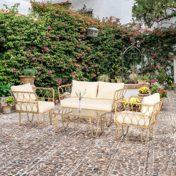 Outsunny Set salotto da giardino divano 2 posti + 2 poltrone + 1 tavolino piano vetro temperato 7 cuscini crema