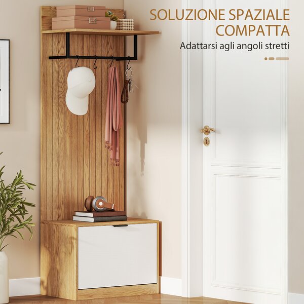 HOMCOM Mobile da Ingresso 5-in-1 con 4 Ganci a S mobili, Panca Scarpiera e Appendiabiti, 60x30x170 cm, Rovere e Bianco | Aosom Italy