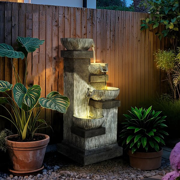 Outsunny Fontana da Giardino a Cascata a 4 livelli con luci LED, resina, 38 x 36 x 85 cm, grigio | Aosom Italy
