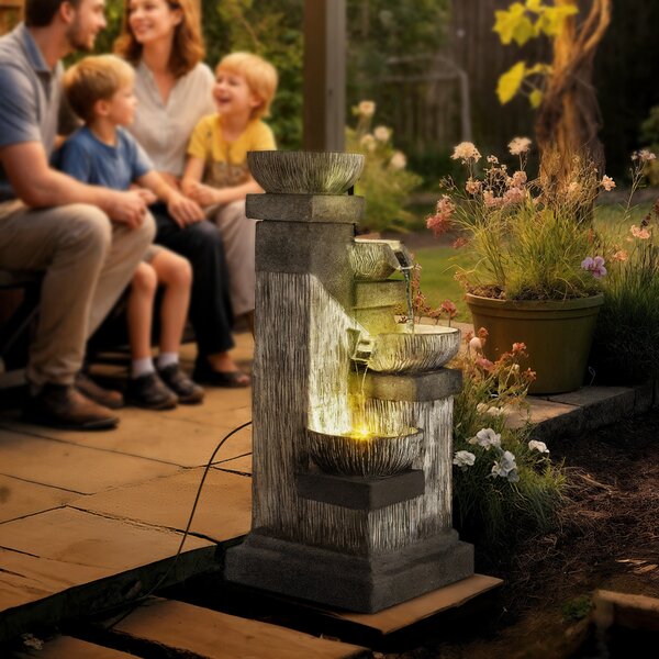Outsunny Fontana da Giardino a Cascata a 4 livelli con luci LED, resina, 38 x 36 x 85 cm, grigio | Aosom Italy