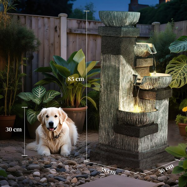 Outsunny Fontana da Giardino a Cascata a 4 livelli con luci LED, resina, 38 x 36 x 85 cm, grigio | Aosom Italy