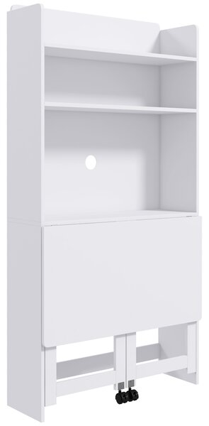 Scrivania Pieghevole 80x69x155 cm con Libreria a 4 Ripiani 2 Ruote e Foro Passacavi in MDF Bianco