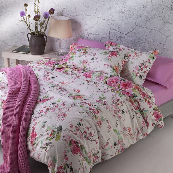 Copripiumino Con Federe In Percalle Rami-di-rose Matrimoniale - 255X255 + 2 Federe50X80 Emporium Floreale Rosa Caleffi
