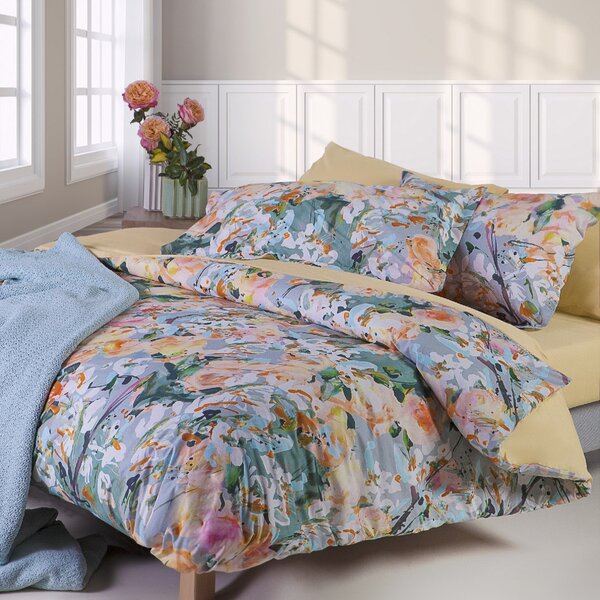 Completo Lenzuola In Percalle Primrose Matrimoniale - 250X290 175X205 + 2 Federe 50X80 Emporium Floreale Pesca Caleffi